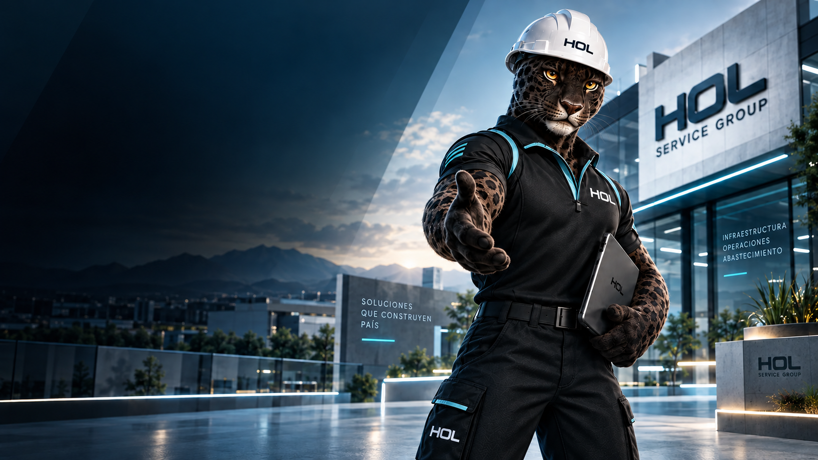 Vengi, pantera corporativa de HOL Service Group con casco blanco y uniforme oscuro de trabajo.